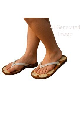 Beach Feet Hawaiian Flower Lacquered Wood Flip Flop Thong Platform Sandal Sz 8